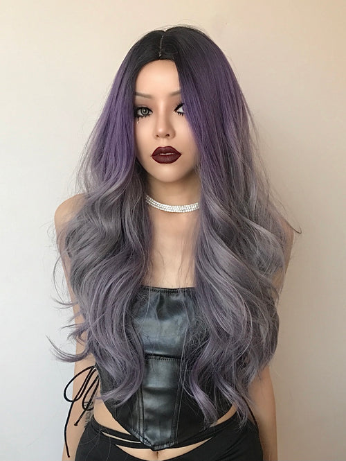 Purple Ombre Color Long Curly Hair Wig Body Wave